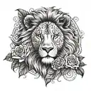 An intricate lion with a clock face as its mane, surrounded by roses and skulls tattoo design idea