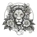 An intricate lion with a clock face as its mane, surrounded by roses and skulls tattoo design idea