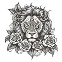 An intricate lion with a clock face as its mane, surrounded by roses and skulls tattoo design idea