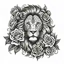An intricate lion with a clock face as its mane, surrounded by roses and skulls tattoo design idea