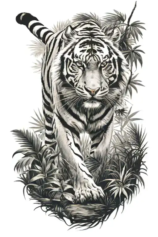 bengal tiger walking forward surrounded by jungle foliage tattoo design idea