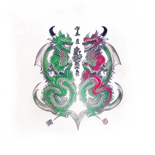 a green dragon and a samurai with black and red armour linked together and both of them have a bear mark from a fight  tattoo design idea