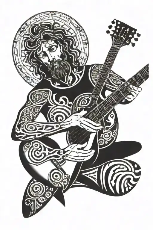 vitruvian man with faded face and guitar made tattoo design idea
