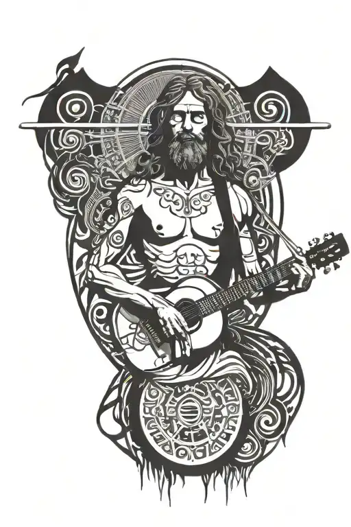 vitruvian man with guitar and faded face made tattoo design idea