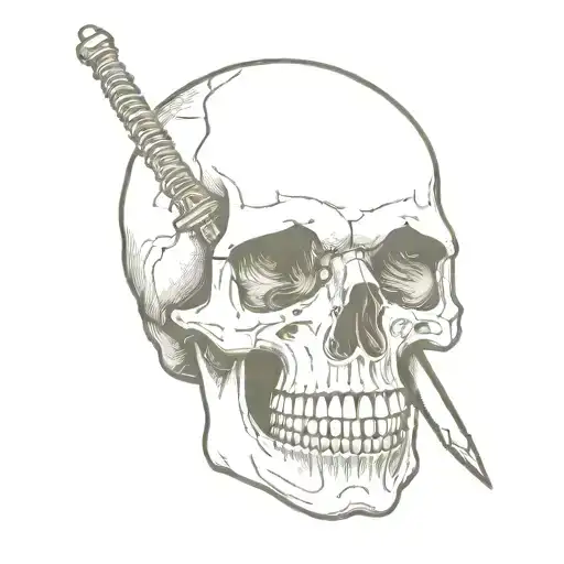 a realistic human skull holding a stiletto switchblade between its teeth tattoo design idea