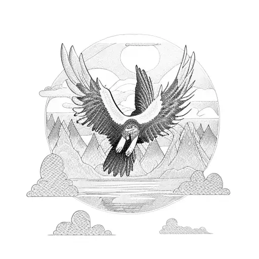 An intricate blackwork tattoo of a majestic eagle soaring over a tranquil lake surrounded by lush trees and mountains tattoo design idea