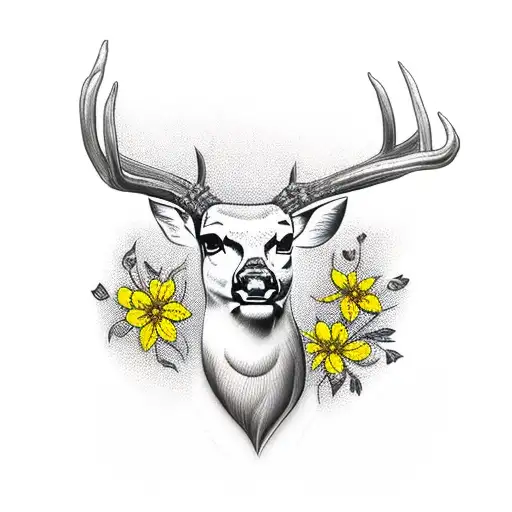 Deer Head with yellow flowers and straight razor tattoo design idea
