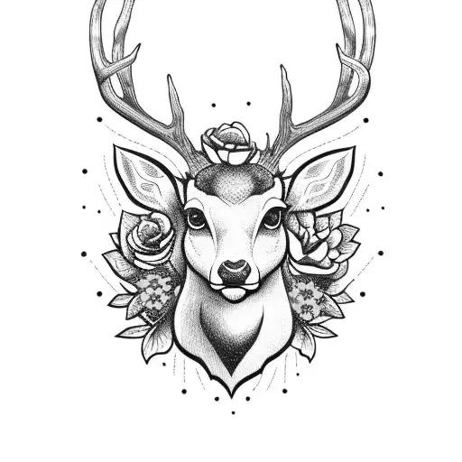 Deer Head with yellow flowers and straight razor tattoo design idea