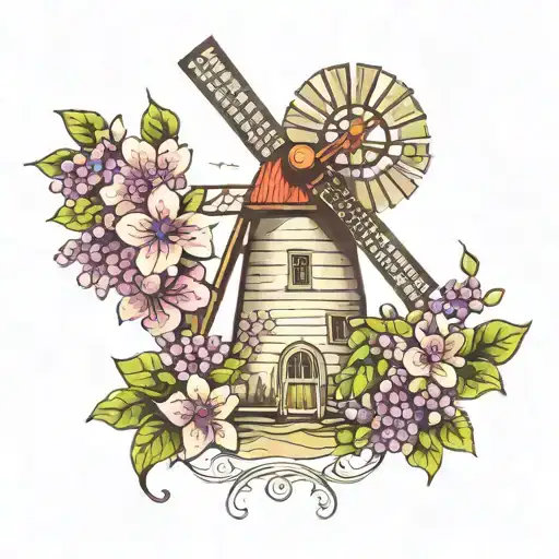 dutch windmill, flowers, vine, lilacs blooming tattoo design idea