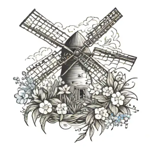 dutch windmill, overgrown with wildflowers intertwined tattoo design idea