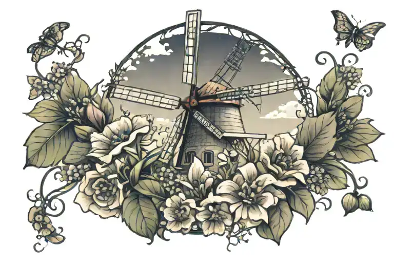 dutch windmill covered in wildflowers and vines wrapped tattoo design idea