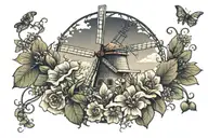 dutch windmill covered in wildflowers and vines wrapped tattoo design idea