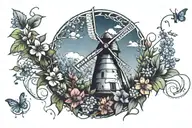 dutch windmill covered in wildflowers and vines wrapped tattoo design idea