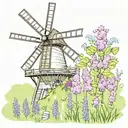 garden dutch windmill surrounded with flowers, wildflowers, vines, lilacs blooming tattoo design idea