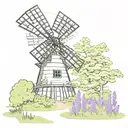 garden dutch windmill surrounded with flowers, wildflowers, vines, lilacs blooming tattoo design idea