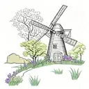 garden dutch windmill surrounded with flowers, wildflowers, vines, lilacs blooming tattoo design idea