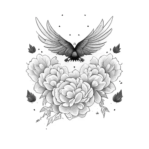 flying Doves with maple leaves and peonies tattoo design idea