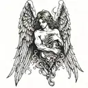 A fallen angel embracing a heart representing love and relationships tattoo design idea