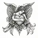 A fallen angel embracing a heart representing love and relationships tattoo design idea