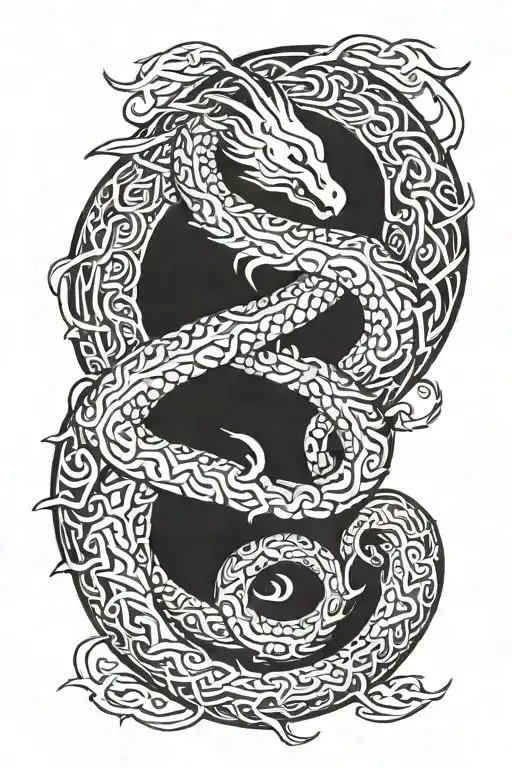 Jörmungandr wrapped around tree of life in color tattoo design idea