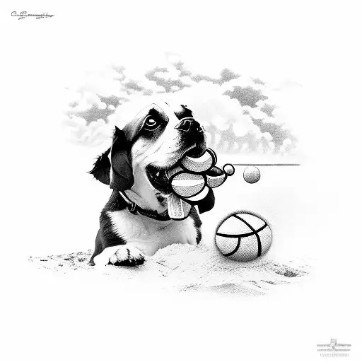 A dog holding a beach tennis ball in its mouth tattoo design idea