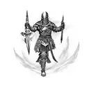 A warrior from Dark Souls holding a pen, signifying the client's dedication to improving themselves through writing and the inspiration they draw from the game. tattoo design idea