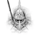 A warrior from Dark Souls holding a pen, signifying the client's dedication to improving themselves through writing and the inspiration they draw from the game. tattoo design idea