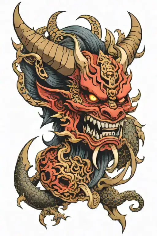 oni mask, dragon, shrine guardians infront tattoo design idea