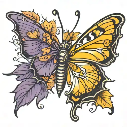 maple leaf butterfly yellow orange violet tattoo design idea