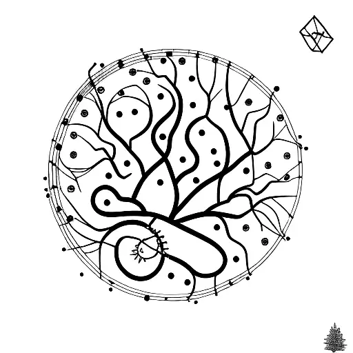 Willow tree with DNA helix as the trunk surrounded by constellations tattoo design idea