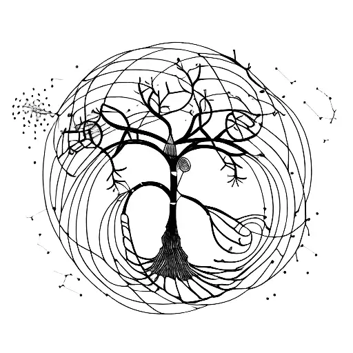 Willow tree with DNA helix as the trunk surrounded by constellations tattoo design idea