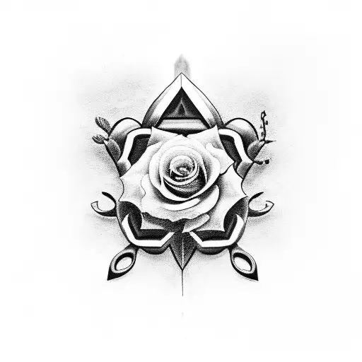 A black-grey tattoo of a pair of scissors intertwined with a blooming flower, reflecting the client's occupation as a hair stylist and passion for nature tattoo design idea