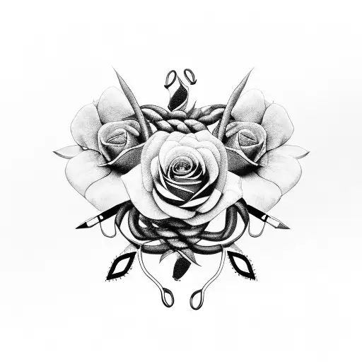 A black-grey tattoo of a pair of scissors intertwined with a blooming flower, reflecting the client's occupation as a hair stylist and passion for nature tattoo design idea