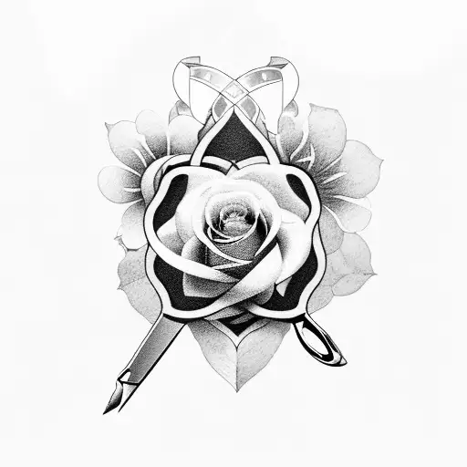 A black-grey tattoo of a pair of scissors intertwined with a blooming flower, reflecting the client's occupation as a hair stylist and passion for nature tattoo design idea