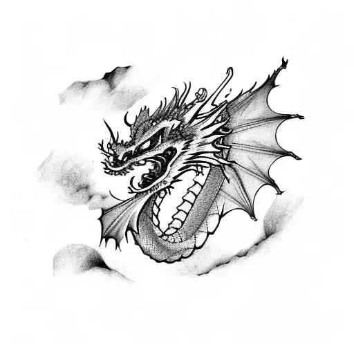 dragon over medieval village tattoo design idea