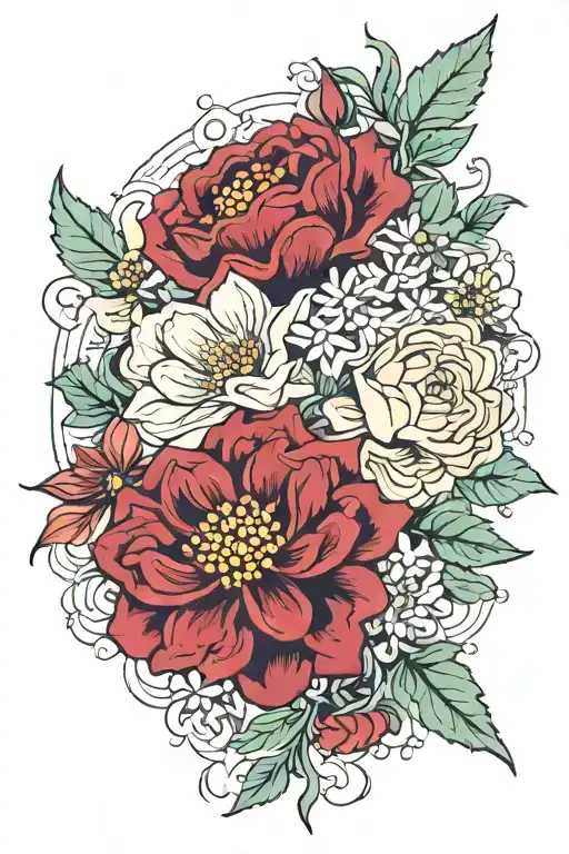 violet flower, a rose, larkspur, aster, two chrysanthemums, and holly intertwined tattoo design idea