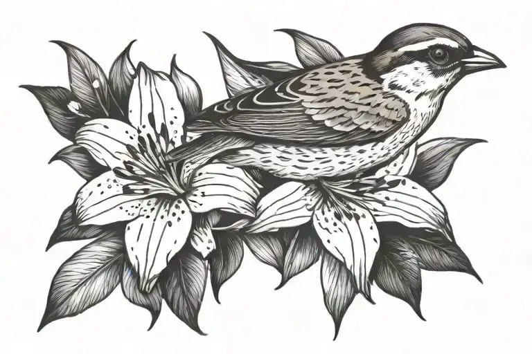 sparrow with lily flower tattoo design idea