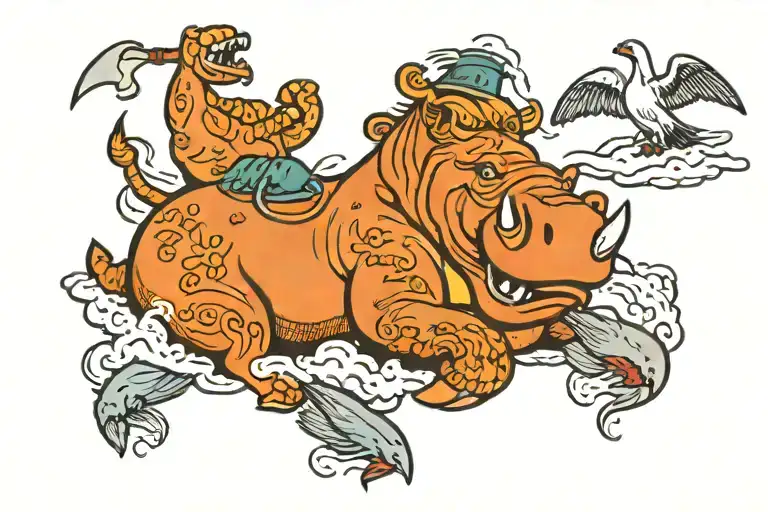 a courageous mastadon battling a nefarious hippopotamus with mean looking seagulls flying overhead  tattoo design idea