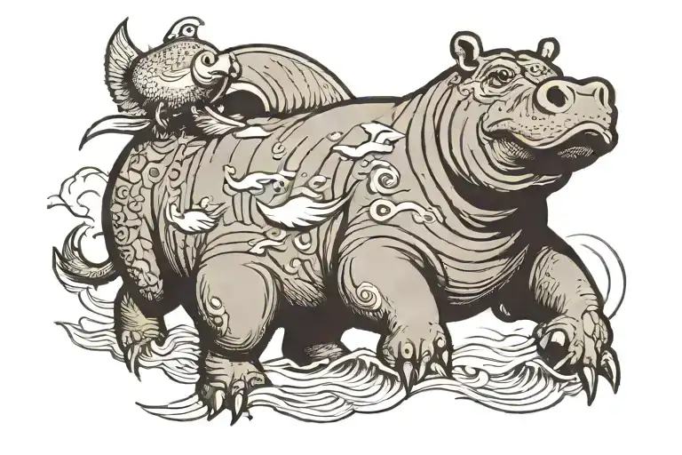 nefarious hippopotamus with seagulls overhead  tattoo design idea