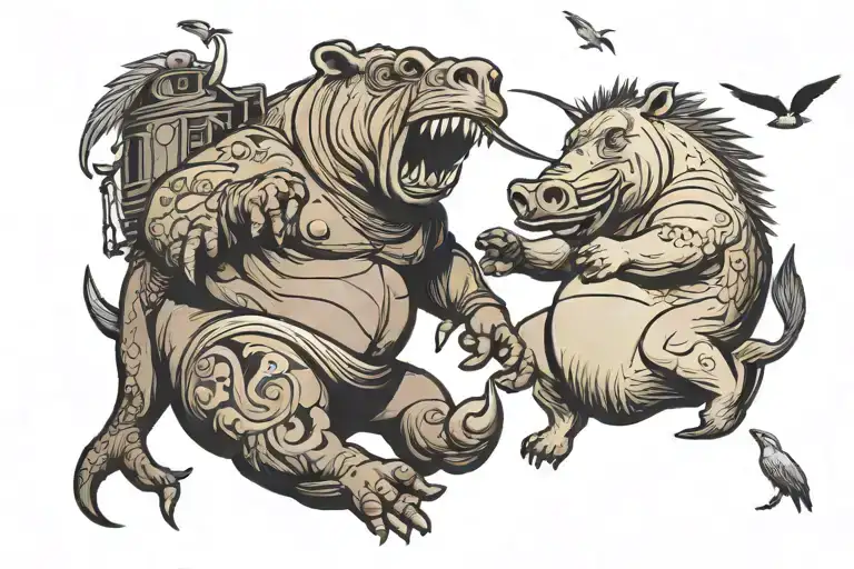 a courageous mastadon battling a nefarious hippopotamus with mean looking seagulls flying overhead  tattoo design idea