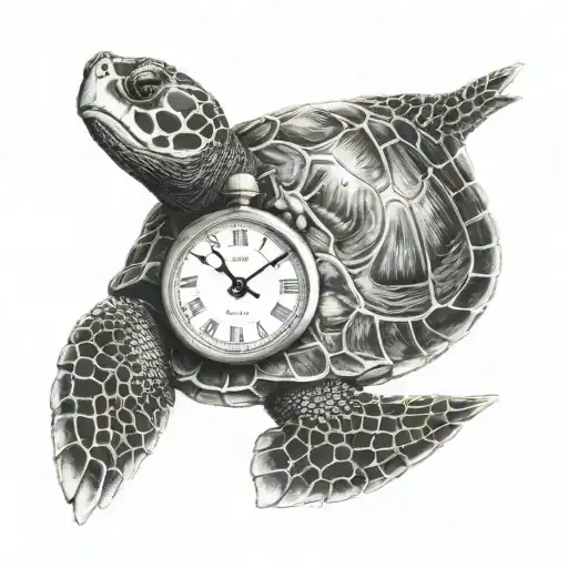 turtle with her baby. heart shaped clock with the name Milo in the dial, around the dial 23-10-2023 tattoo design idea