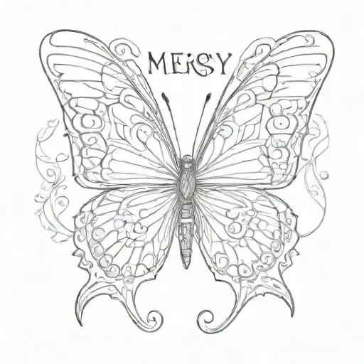 Butterfly with mersy written on the wing attached tattoo design idea