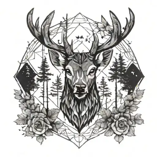 Forest blackout symmetrical geometric  deer face tattoo design idea