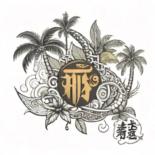 letter Hina and 21.11.2021 in a coconut tree growing tattoo design idea