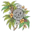 the name of Hina and her birthday 15.11.2021 in a coconut tree tattoo design idea