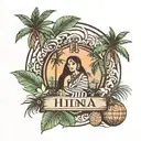the name of Hina and her birthday 15.11.2021 in a coconut tree tattoo design idea