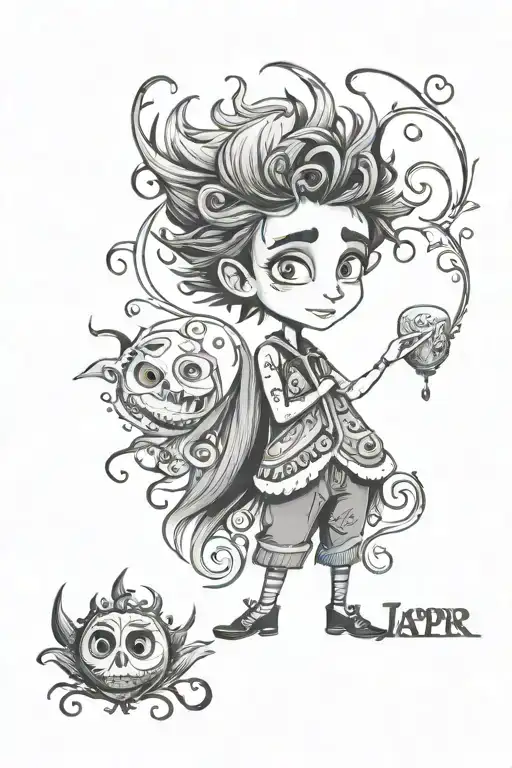 Tim Burton inspired with elements from Frozen, Encanto, Coco, and Bluey. Tattoo to include the name, "Jasper." tattoo design idea