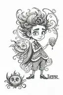 Tim Burton inspired with elements from Frozen, Encanto, Coco, and Bluey. Tattoo to include the name, "Jasper." tattoo design idea