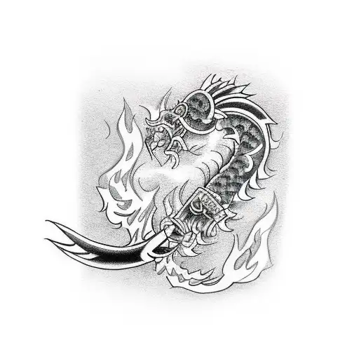 small black and white tricep japanese  sword with flames  tattoo design idea
