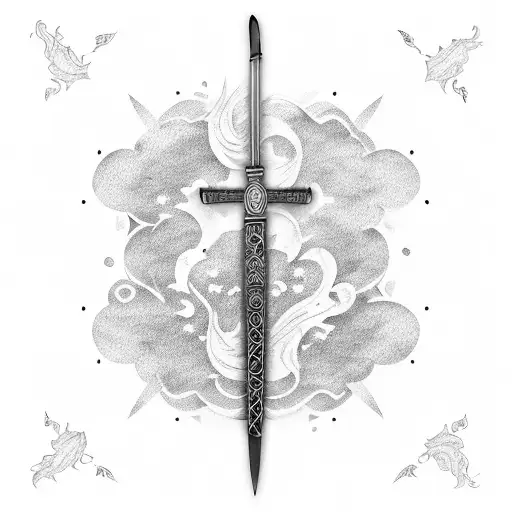 small black and white japanese samurai sword with flames tattoo design idea